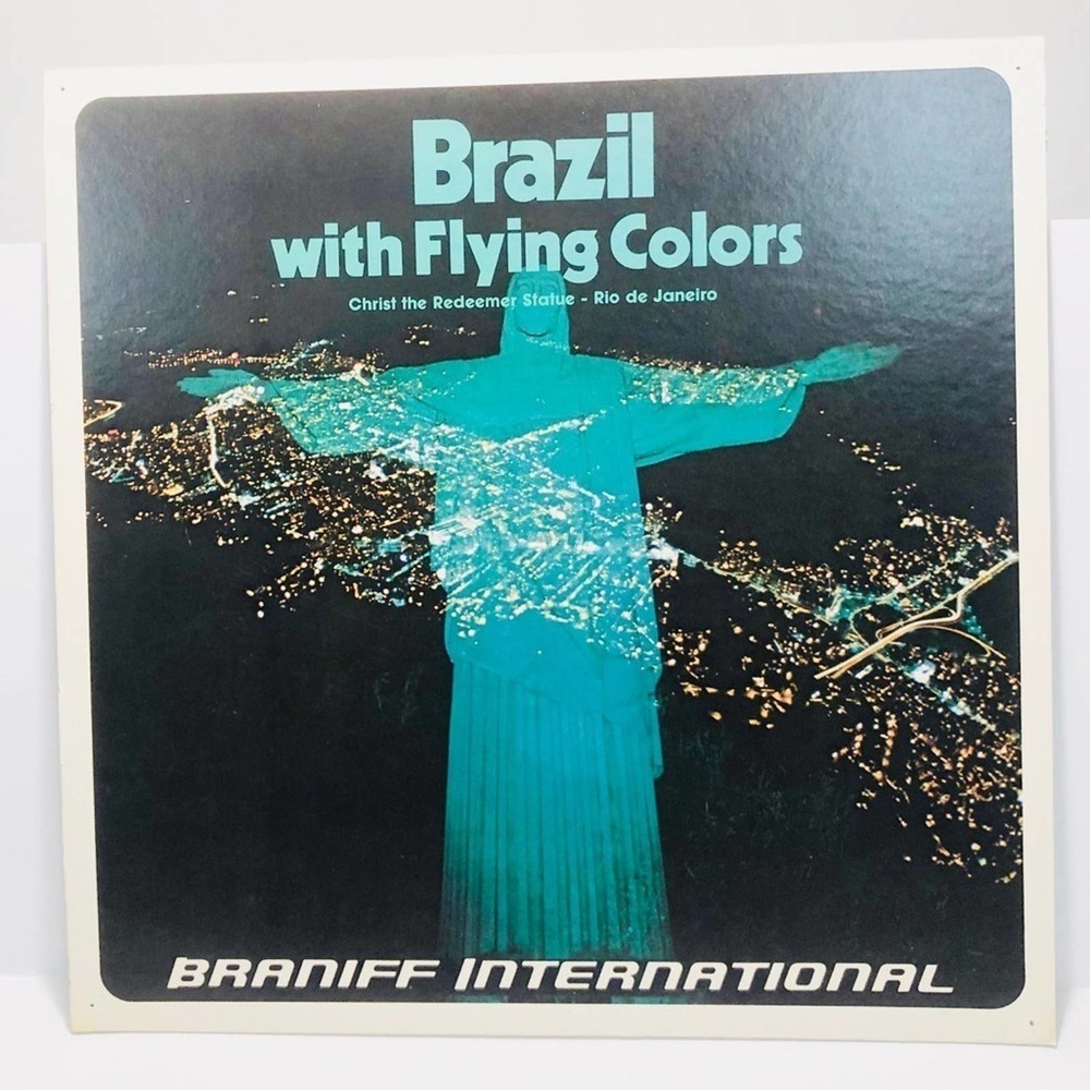 VTG 70’s BRANIFF AIRLINES Original Ad Square Poster Rio De Janeiro Brazil Cristo